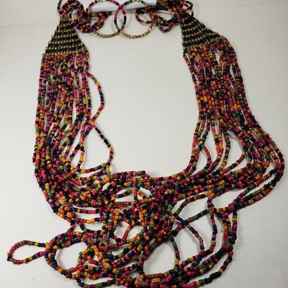 42" Gold tone Layered Colorful Beaded Statement Long Neckace & Matching Earrings - Picture 7 of 15